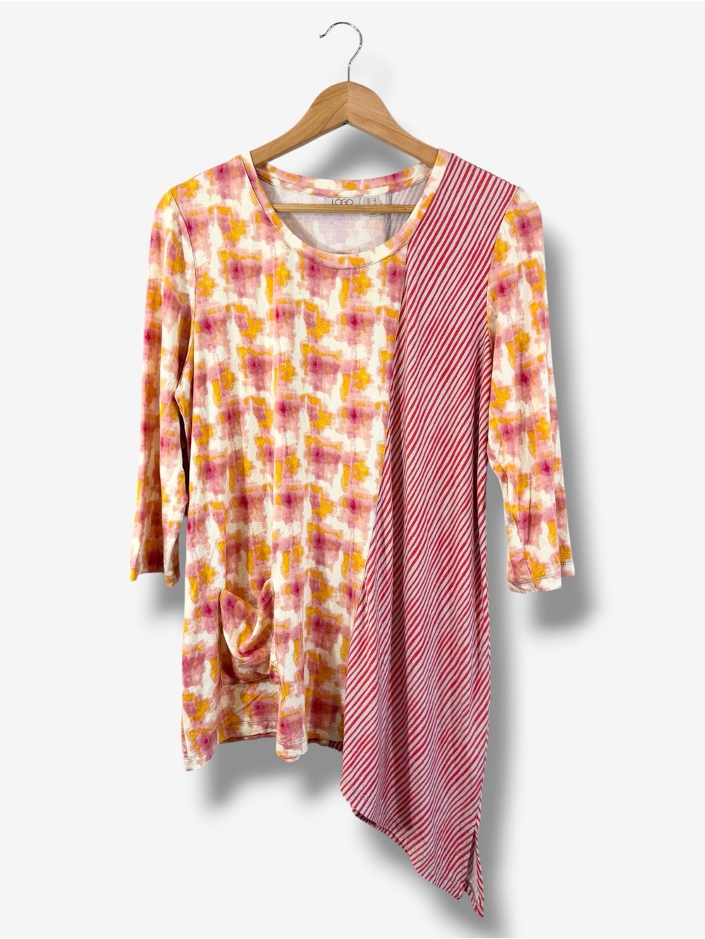 Logo Asymmetrical Tunic Size L Pink Orange Watercolor Stripe Pocket Lagenlook